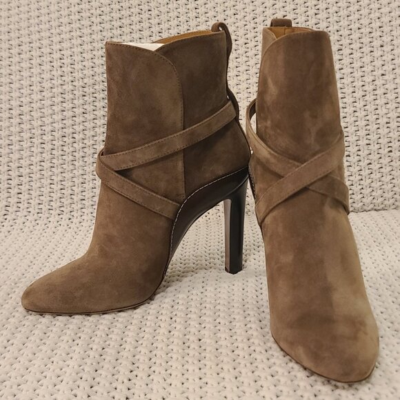 Ralph Lauren Purple Label Jensynn Calf-Suede Tan Heeled Bootie - Picture 1 of 11